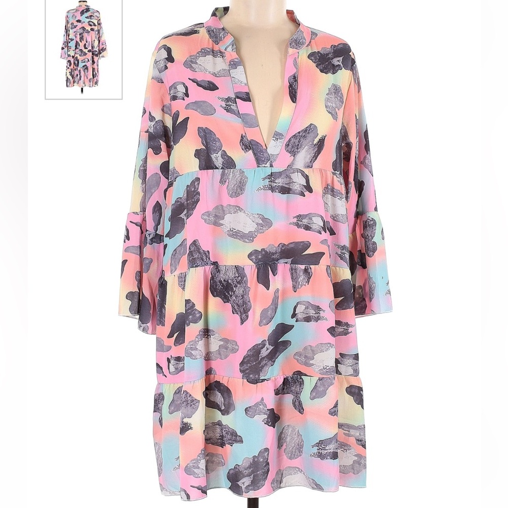 NWT Belinda Flowy Dress Watercolor Sunset Design in Yellow Pink Size Large